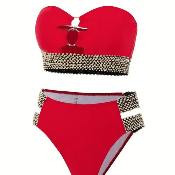High Stretch Golden Sequin Ring Link Bikini (Color: Dark Red) - Picture 4 of 5